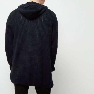 Blue knit open hooded longline cardigan